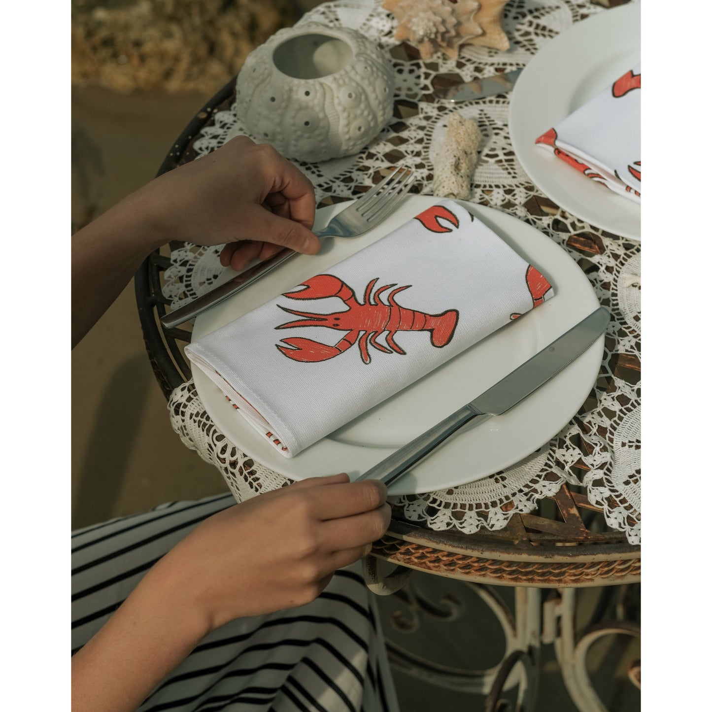 Lobster Napkin - outdoor  Table Setting on the beach
