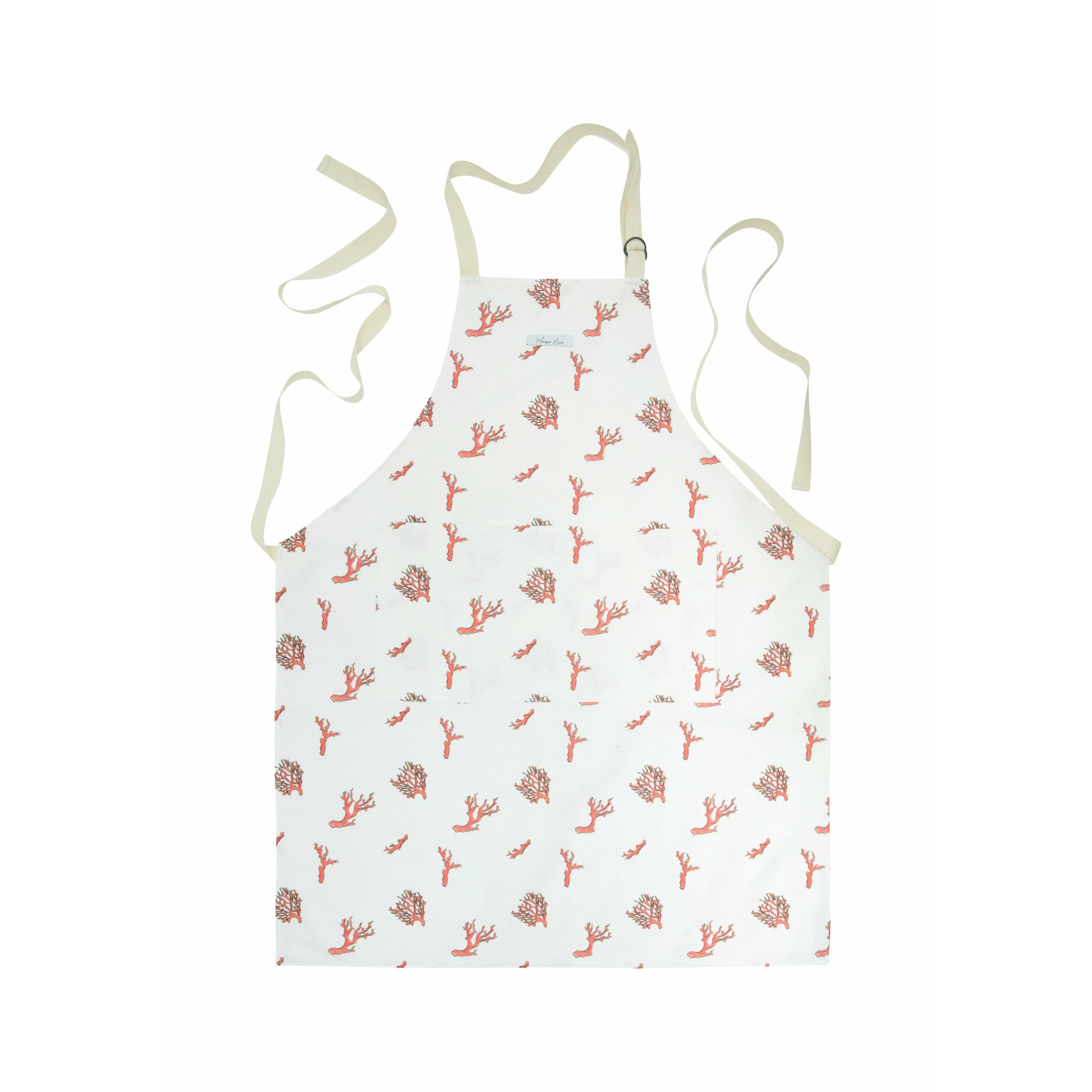 Coral print apron on white backround 