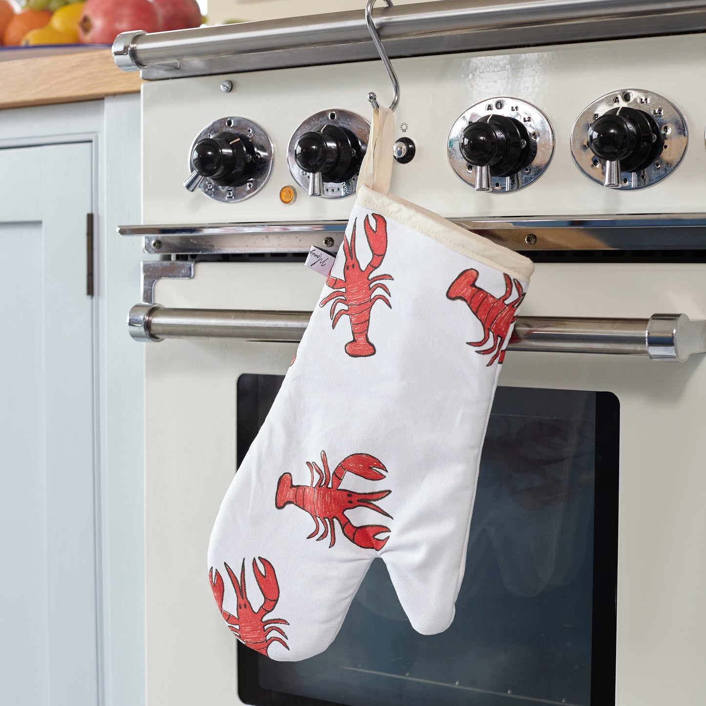 Lobster print oven glove - by the oven in the kitchen