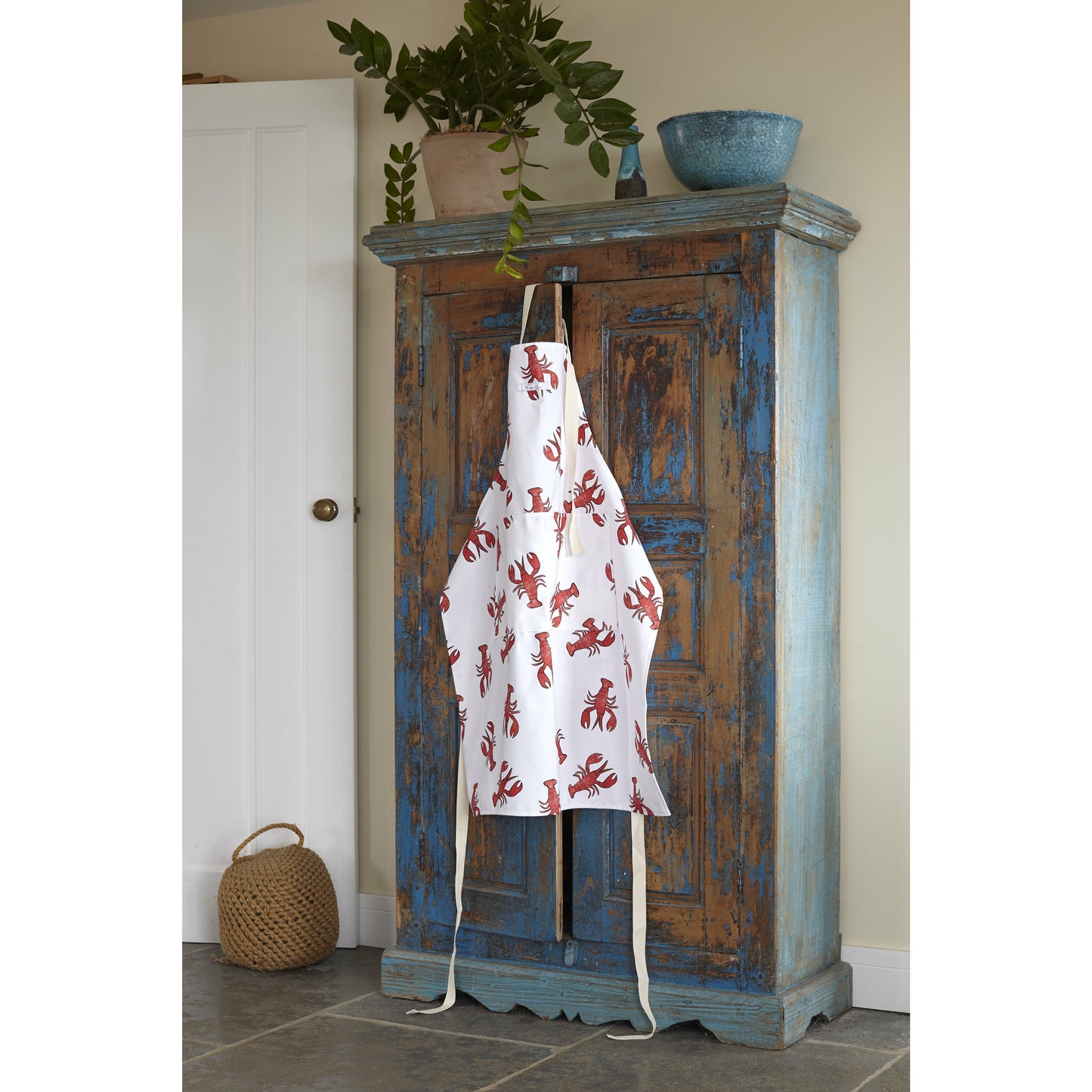 lobster print apron in the kitchen